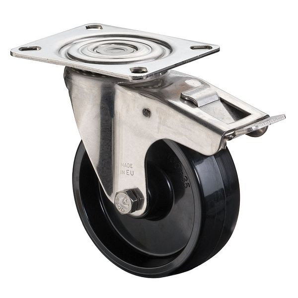 BS-rollen voor bakkerijen met rem, breedte 35 mm, Ø100 mm, tot 130 kg, loopvlak fenolhars, wiellichaam fenolhars, glijlager, H120.B22.100