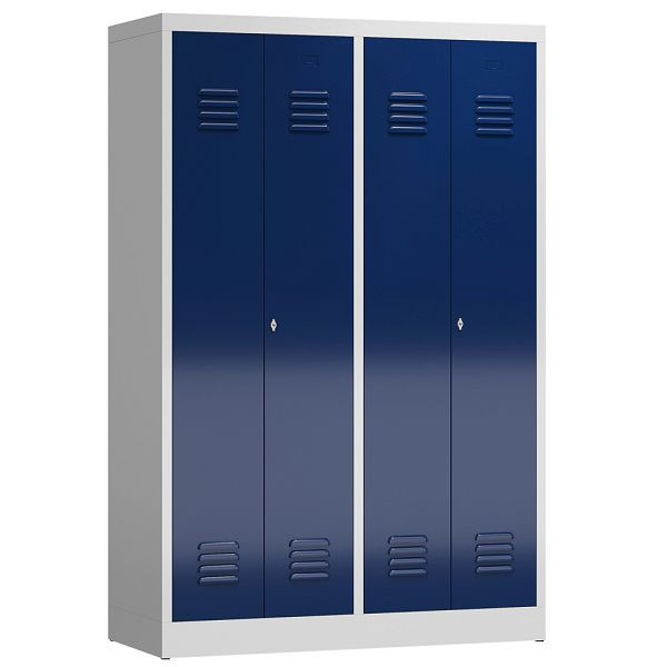 Lüllmann ClassiX kledingkast, 4 vakken, elk 2 sluitend in het midden, 1800 x 1185 x 500 mm, lichtgrijs/gentiaanblauw, X-510441