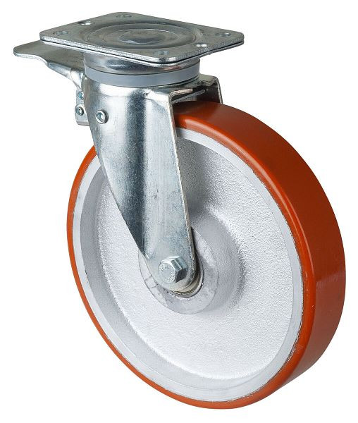 BS Wielen Zwaarlastwiel met rem, breedte 50 mm, Ø250 mm, tot 600 kg, polyurethaan gegoten 95 Shore A, gegoten wiellichaam, kogellager, N120.C10.251