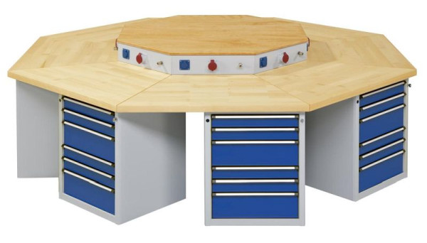 ANKE achthoekige groepswerkbank; 8 werkplekken; 3018x3266 mm; RAL 7035/5010; Massief beuken blad 50 mm; Randlengte 1250 mm, model 806 VG