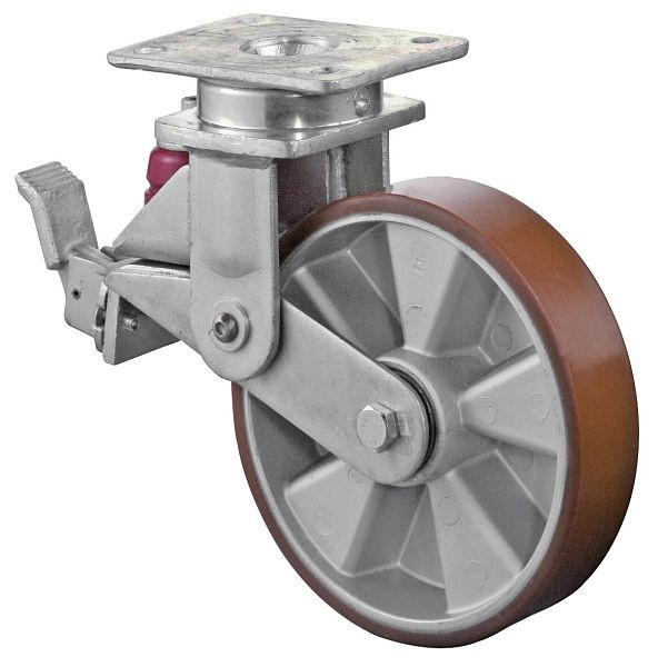 BS-wielen Veerbelaste zwaarlastwielen met rem, breedte 50 mm, Ø200 mm, tot 600 kg, polyurethaan gegoten 95 Shore A, aluminium, kogellagers, T120.B90.200