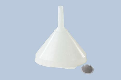 DENIOS trechter van kunststof, diameter 208 mm, met ophangoog, overlooprand en zeef, 10 stuks, 308409