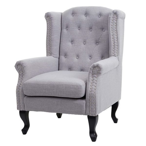 Mendler fauteuil Chesterfield, relaxfauteuil clubfauteuil oorfauteuil, waterafstotende stof/textiel, grijs zonder hocker, 69725+69726