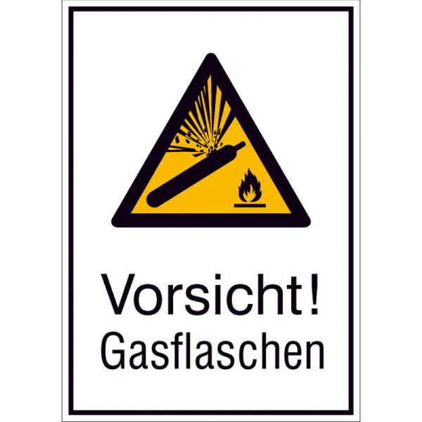 Steen HGS combinatiebord met waarschuwingsbord en extra tekst Let op! Gasflessen, 131 x 185 mm / folie, zelfklevend, 21.a8015