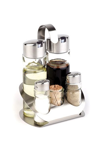 APS 5-delige cruet -Pro-, 13 x 11 cm, hoogte: 19 cm, RVS, glas, PP, peper-zout-azijn-olie tandenstokers, peper/zout glazen shaker, 40480