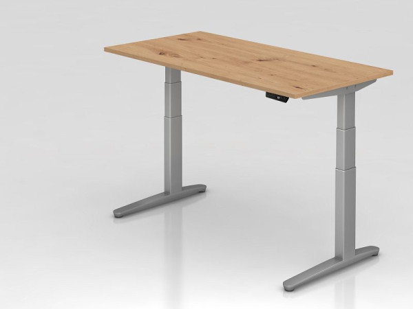Hammerbacher bureau XBHM16, 160 x 80 cm, blad: knoestig eiken, 25 mm dik, ABS dikke rand, rechthoekige vorm, zilver, VXBHM16/R/SS