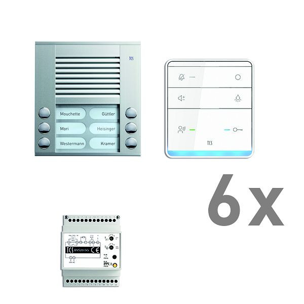 TCS deurbediening audio: pack AP voor 6 wooneenheden, met buitenpost PES 6 belknoppen, 6x handsfree luidspreker ISW5010, bedieningseenheid BVS20, PAAF062 / 003