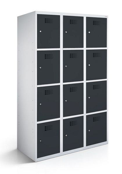KEMMLIT lockerkast met 3 vakken en 12 deuren 30cm met gesloten bodem, antracietgrijs 7016, draaibare sluiting, 100650