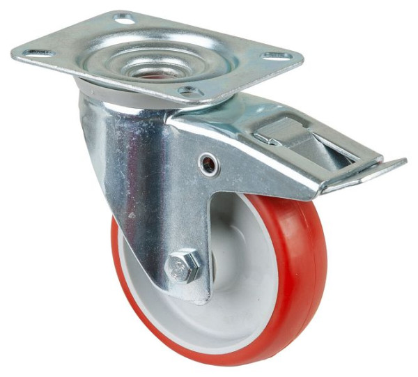 BS rollen transportrol met rem, breedte 30 mm, Ø100 mm, tot 125 kg, rood polyurethaan, rollager, plaat, VE 2 stuks, L420.B31.100
