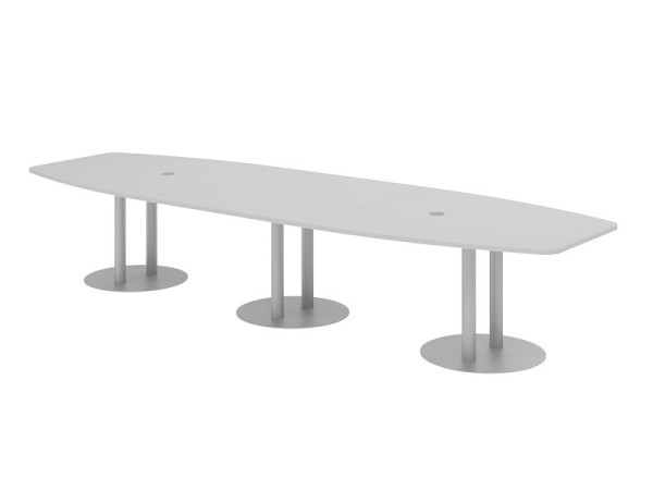 Hammerbacher vergadertafel KT40S, 400 x 130 cm, blad: grijs, 25 mm dik, met drie zilveren kolompoten, 7,6/70 cm, werkhoogte 74 cm, VKT40S/5/S
