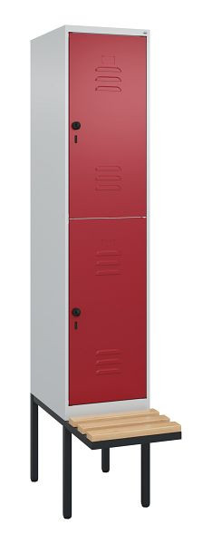 C+P Doppelstöckiger Spind Classic PLUS, 2120x400x815mm, 7035/3003, Drehriegel, Sitzleisten aus Buche, schwebende Sitzfläche, 0803407-12 S10001
