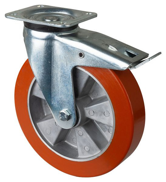 BS-wielen Zwaarlastwiel met rem, breedte 50 mm, Ø250 mm, tot 1000 kg, polyurethaan gegoten 95 Shore A, aluminium behuizing, kogellager, L620.B90.250