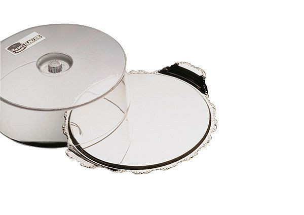 APS taartbord met kap, Ø 30 cm, hoogte: 10 cm, taartbord: RVS 18/0, met barokrand, kap: polystyreen, 06503