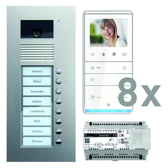 TCS deurbediening video: pack UP voor 8 wooneenheden, met voordeurstation AVU 8 belknoppen, 8x video handsfree luidspreker IVW5111, bedieningseenheid, PVU17080-0010