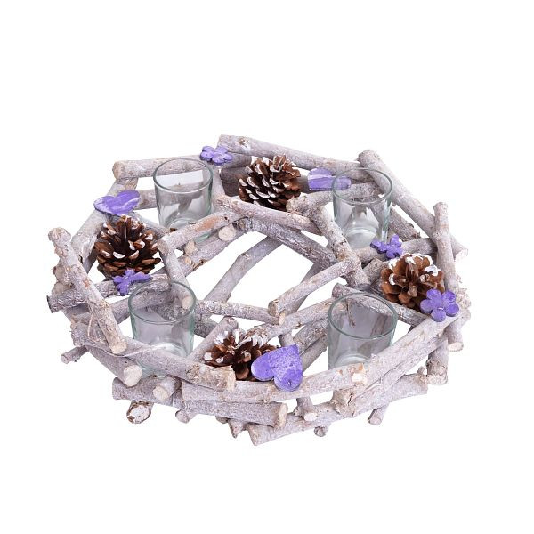Mendler adventskrans rond met theelichthouders, kerstdecoratie adventsarrangement, hout Ø 30cm paarsgrijs, 51914