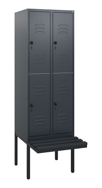 C+P Doppelstöckiger Spind Classic PLUS, 2 Abteile, 1950x600x815mm, 7016/7016, Drehriegel, mit Untergestell und schwebender Sitzfläche, 0803405-20 S10072