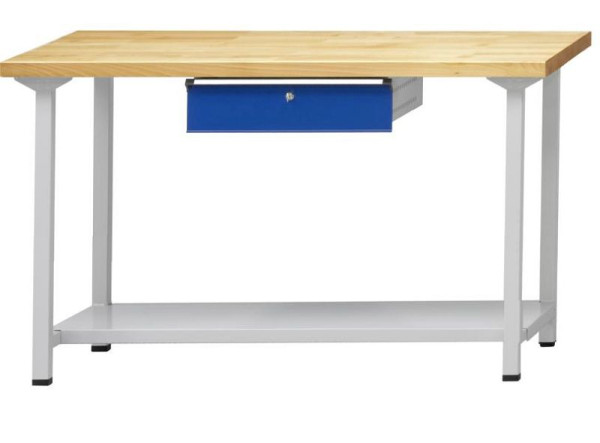 ANKE werktafel; 1500x800 mm; RAL 7035/5010; 1xHängeschublade; 1x legbord van plaatstaal, 600 mm diep