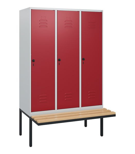 C+P Umkleidespind Classic PLUS, 3 Abteile, 1950x1200x815mm, 7035/3003, Drehriegel, Buche-Sitzleisten, 0800405-32 S10001