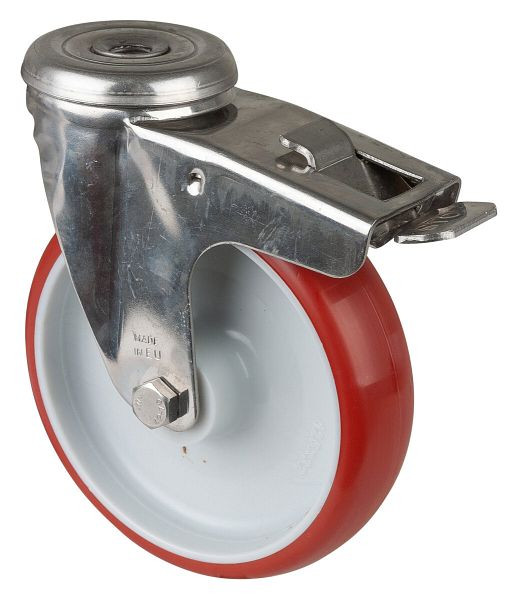BS rollen RVS transportrol met rem, B32 mm, Ø125 mm, tot 130 kg, rood polyurethaan oppervlak, kunststof behuizing, glijlager, H121.B26.125