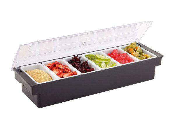 APS ingrediëntencontainer, 50 x 16 cm, hoogte: 10 cm, ABS, PC, PP, 6 vakken, elk 500 ml, inclusief deksel (mat), 93171
