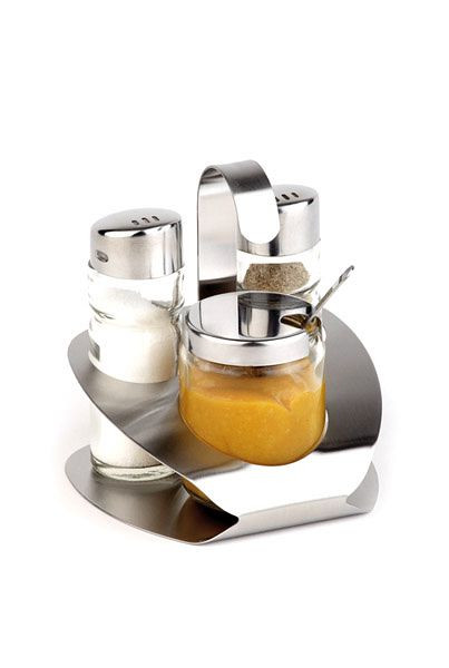 APS 3-delige cruet -Pro-, 10 x 10 cm, hoogte: 11,5 cm, mat RVS/glas, peper - zout - mosterd, peper / zout glazen shaker, 40474