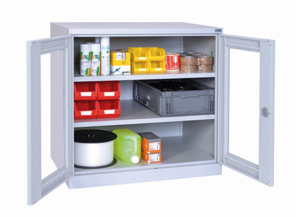 SOFAME stalen kasten met kijkvensterdeuren B 1000 x D 500 x H 1000, met 2 planken, lichtgrijs RAL 7035/lichtgrijs RAL 7035, W030050002GCGC
