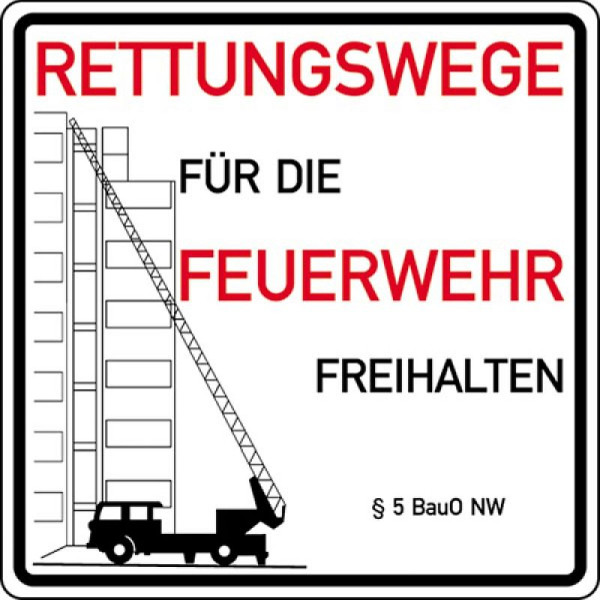 Steen HGS vluchtroutes vrijhouden voor brandweer, aluminium, gecoat, dikte 2 mm, ladderwagensymbool en § 5 BauO NW, 52.2765