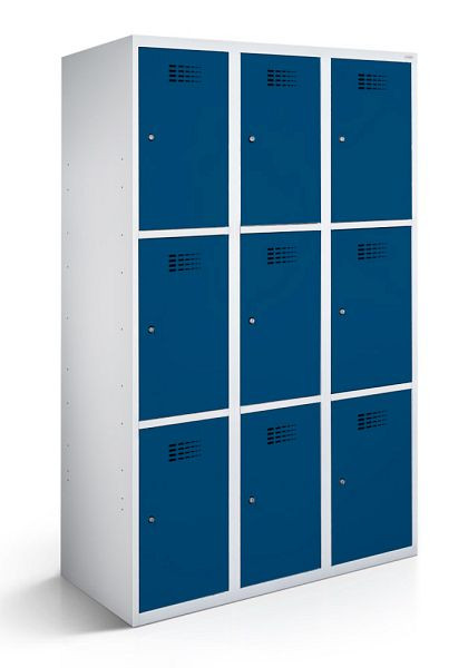 KEMMLIT lockerkast met 3 vakken en 9 deuren 40cm met gesloten bodem, gentiaanblauw 5010, cilinderslot, 100584