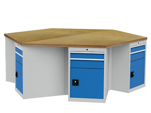 Bedrunka+Hirth 6-hoek werkbank, breedte 2500mm, 6 x ladekast, afmetingen in mm (BxDxH): 2500 x 2165 x 859, aantal lades: 12, 03.66.11/450VA