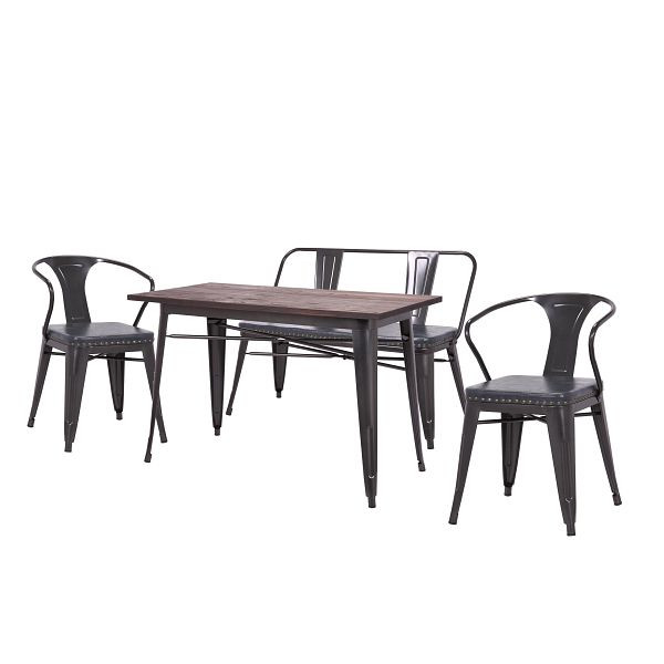 Mendler HWC-H10 eetkamerset, 2x eetkamerstoel, bank, eetkamertafel, imitatieleer iepenhout FSC Industrial gastronomy, grijs, 72439+72470+72484