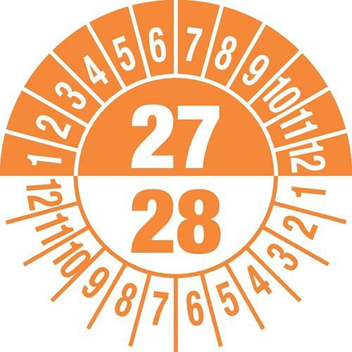 DENIOS teststicker "27/28", oranje, folie, zelfklevend, 30 mm, verpakking: 5 vellen à 15 stuks, 290108