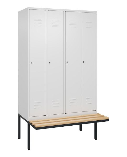 C+P Umkleidespind Classic PLUS, 4 Abteile, 2120x1200x815mm, 9016/9016, Zylinderschlösser, Buche-Sitzleisten, je 2 Doppel-Haken, 0800407-40F S10058