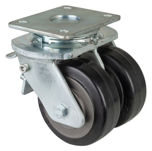BS Rollen Zware dubbele zwenkwiel met wiel/slot, B2x50 mm, Ø125 mm, tot 550 kg, zwarte elastische banden, gegoten lichaam, kogellagers, S120.B81.125