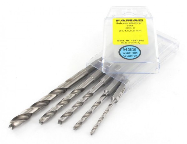 Famag houtboor HSS-G bits lang, 5 stuks in PVC-doos Ø 3, 4, 5, 6, 8 mm, 1597.805.00