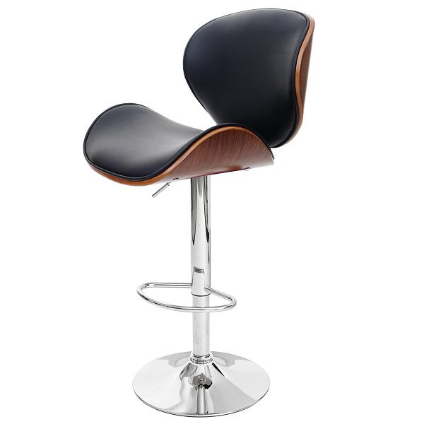 Mendler Foxrock barkruk, barkruk, houten gebogen hout retro design, walnoot look, zwart kunstleer, 50056