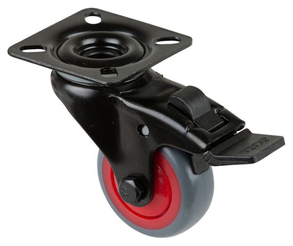 BS Castors Zwenkwiel met zwarte rem, grijs thermoplastisch rubberen wiel, kogellager, plaat, diameter: 50 mm, VE 8 stuks, A820.A85.050.03