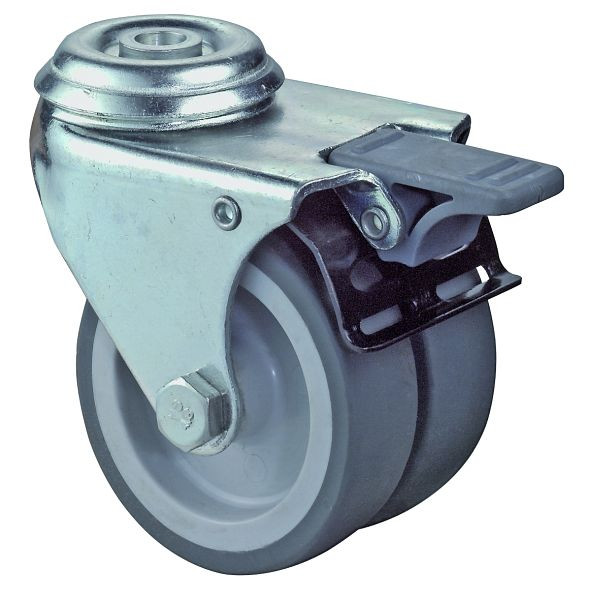 BS rollenapparaat dubbele rol met rem, breedte 2x24 mm, Ø75 mm, tot 80 kg, grijs rubberen loopvlak, glijlager, VE 4 stuks, B121.A80.075