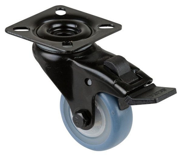 BS Castors Zwenkwiel met zwarte rem, thermoplastisch rubberen wiel lichtblauw, kogellager, plaat, diameter: 50 mm, VE 8 stuks, A820.A85.050.05