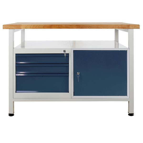 ADB werkbank 1 deur + 3 laden, plank, afmetingen: 1200x600x840mm (BxDxH), werktafel: grijs, RAL 7035, kleur deur/lade: antracietgrijs (RAL 7016), 42928