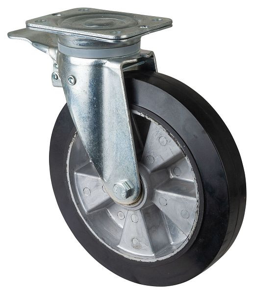 BS Rolls Zwaarlastwiel met rem, breedte 50 mm, Ø250 mm, tot 550 kg, zwarte elastische banden, aluminium wiellichaam, kogellagers, N120.B80.251