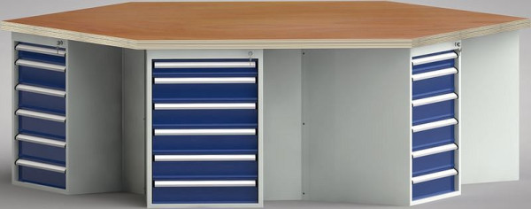 KLW standaard werkbank in zeshoekige vorm met beuken multiplex blad in zeshoekige vorm 2338 x 2700 x 40 mm L x B x S, WS620N-1350M40-E8011