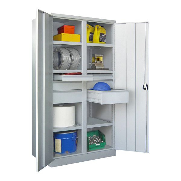 Pavoy Schwerlastschrank 1950/1040/630, Trennwand, 6 gepulverte Fachböden, 6 Schubladen, Flügeltüren, Drehgriff mit Zylinderschloss, 36366-104-005-910118