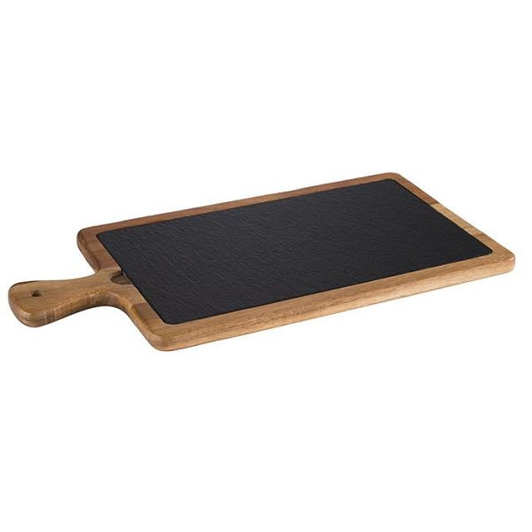 APS serveerplank, 2 delen, 33 x 20 cm, hoogte: 2 cm, acaciahout, natuurleisteen, handvat: 8 cm, met ophanggat: Ø 1 cm, 00811