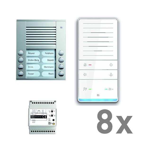 TCS deurbediening audio: pack AP voor 8 wooneenheden, met buitenpost PES 8 belknoppen, 8x handsfree luidspreker ISW5031, bedieningseenheid BVS20, PAAF082 / 001