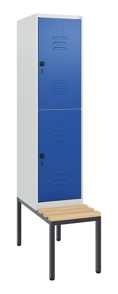 C+P Doppelstöckiger Spind Classic PLUS, Bank, 1950x400x815mm, 7035/5010, Drehriegel, Sitzleisten aus Buche, mit untergebauter Sitzbank, 0803505-12 S10003