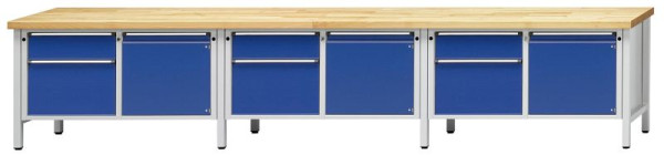 ANKE kastwerkbank; 3 werkplekken; 4050x700 mm; RAL 7035/5010; Links 2 laden 180, 360 mm; Rechts 1 deur 540 mm