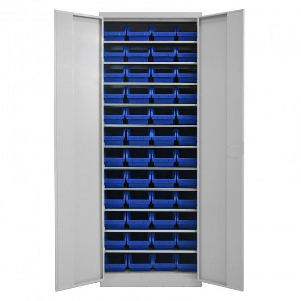 ADB draaideurkast met 48 zichtbare opbergdozen en planken, afmetingen BxLxH: 170x240x126 mm, kleur: blauw, 40825