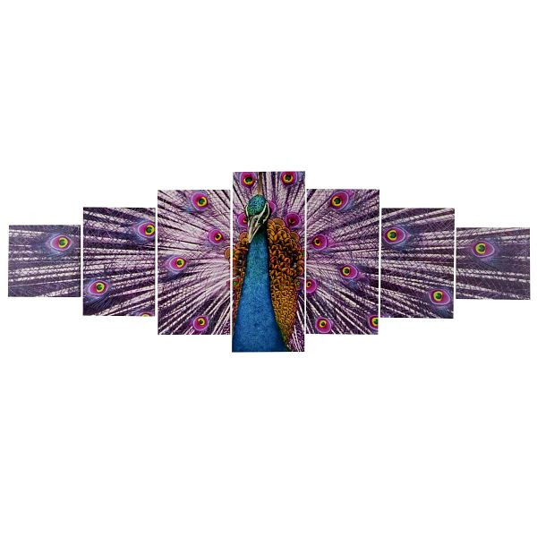 Mendler canvas foto T375 XL, muurschildering spieraam foto kunstdruk, 7-delig 245x87cm, pauw, 39161