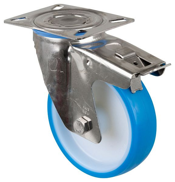 BS rollen RVS transportrol met rem, B40 mm, Ø150 mm, tot 200 kg, blauw polyurethaan, kunststof behuizing, glijlager, plaat, H120.B32.150