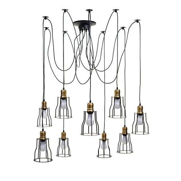 Mendler hanglamp HWC-H81, hanglamp hanglamp, industrieel metaal in hoogte verstelbaar zwart, 9x kooi lampenkap, 74192
